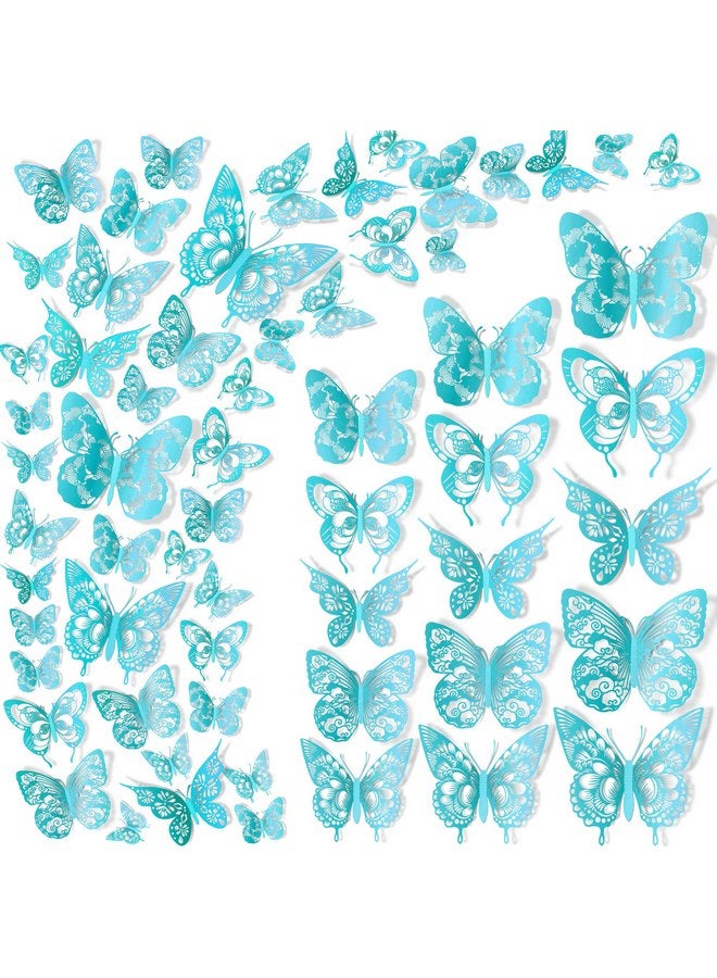 LiveGallery 60 Pieces New Vintage Pattern Hollow Butterflys Wall Decals 3D Teal Butterflies Wall Sticker DIY Removable 5 Styles 3 Sizes Metallic Art Decor for Kids Girls Bedroom Living Room Birthday Cake Office - Image 1