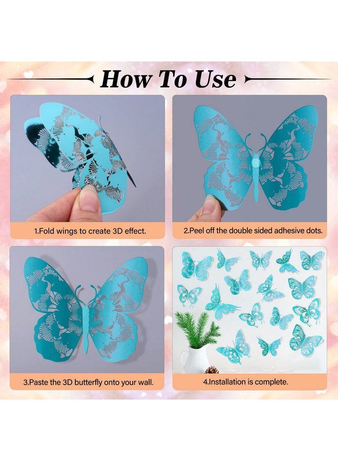 LiveGallery 60 Pieces New Vintage Pattern Hollow Butterflys Wall Decals 3D Teal Butterflies Wall Sticker DIY Removable 5 Styles 3 Sizes Metallic Art Decor for Kids Girls Bedroom Living Room Birthday Cake Office - Image 3