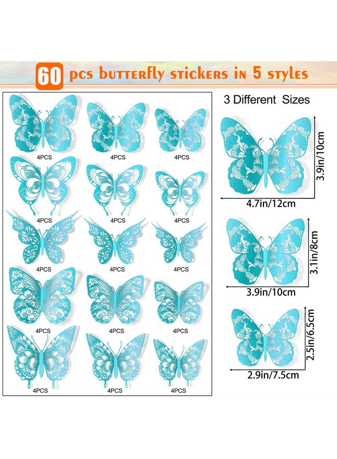 LiveGallery 60 Pieces New Vintage Pattern Hollow Butterflys Wall Decals 3D Teal Butterflies Wall Sticker DIY Removable 5 Styles 3 Sizes Metallic Art Decor for Kids Girls Bedroom Living Room Birthday Cake Office - Image 2