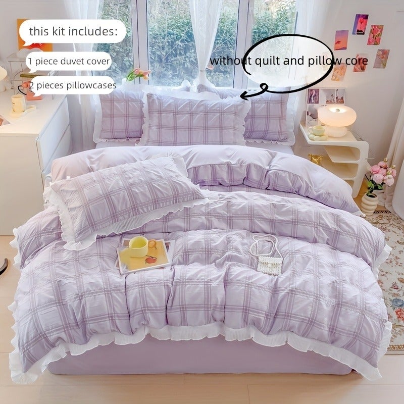 Princess Lace Bedding Set 3pcs Plaid Quilt Cover and Pillowcase - Image 1