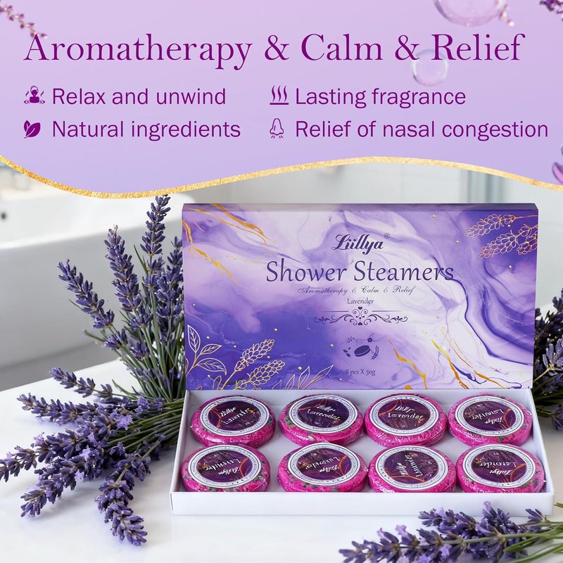 Liillya Lavender Shower Steamers Aromatherapy 8 Packs Vapor Shower Tablets Bath Bombs with Natural Essential Oil Home SPA for Stress Relief Self Care Relaxation Birthday Gifts for Women,Men - Image 3