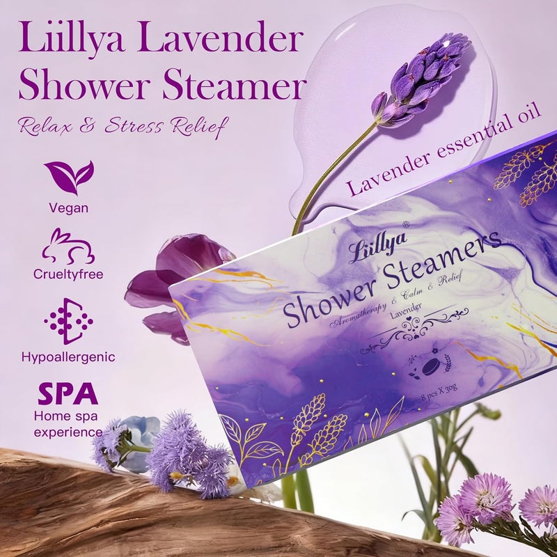 Liillya Lavender Shower Steamers Aromatherapy 8 Packs Vapor Shower Tablets Bath Bombs with Natural Essential Oil Home SPA for Stress Relief Self Care Relaxation Birthday Gifts for Women,Men - Image 2