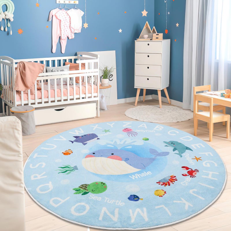 AKASISRUG Soft Round ABC Rug for Kids Room,4 ft Washable Circle Nursery Rug,Non-Slip Whale Alphabet Baby Kids Rug Carpet for Nursery Playroom Bedroom Kids Room Decor - Image 1