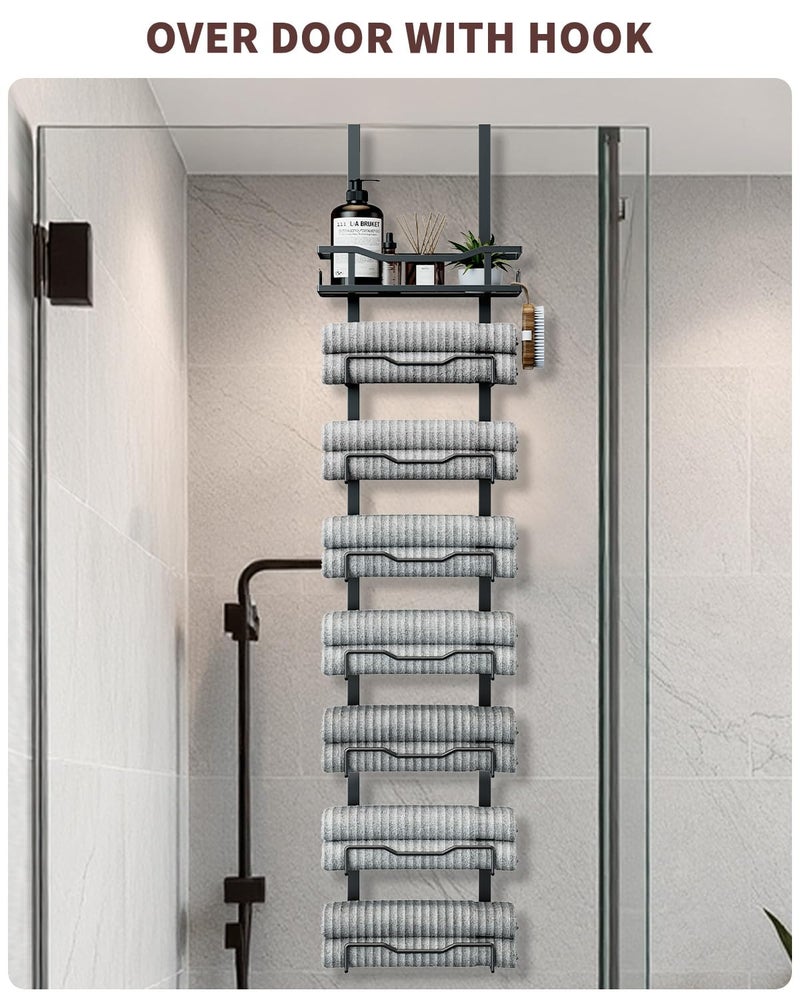 Aetyord Hanging Towel Racks for Bathroom No Drill - Over The Door 8-Tier Bath Towel Storage Organizer for Small Bathrooms - Back Door Large Tiered Towel Holder Hanger for Rolled Towels RV Camper BLACK - Image 3