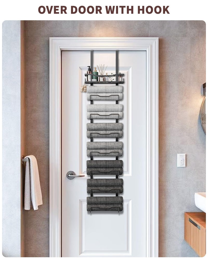 Aetyord Hanging Towel Racks for Bathroom No Drill - Over The Door 8-Tier Bath Towel Storage Organizer for Small Bathrooms - Back Door Large Tiered Towel Holder Hanger for Rolled Towels RV Camper BLACK - Image 2