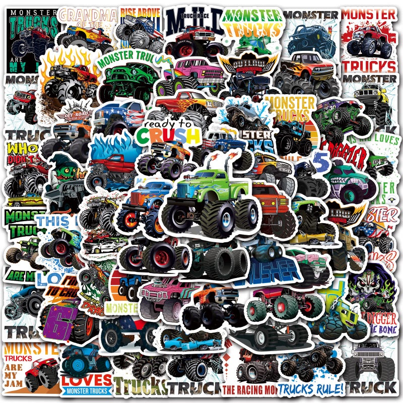 DULEFUN 100PCS Monster Truck Stickers, Truck Car Stickers for kids, Truck Stickers Waterproof for Water Bottles Skateboard Laptop Car Bike Suitcase, Monster Truck Gifts for Girls Boys Party Gifts, - Image 1