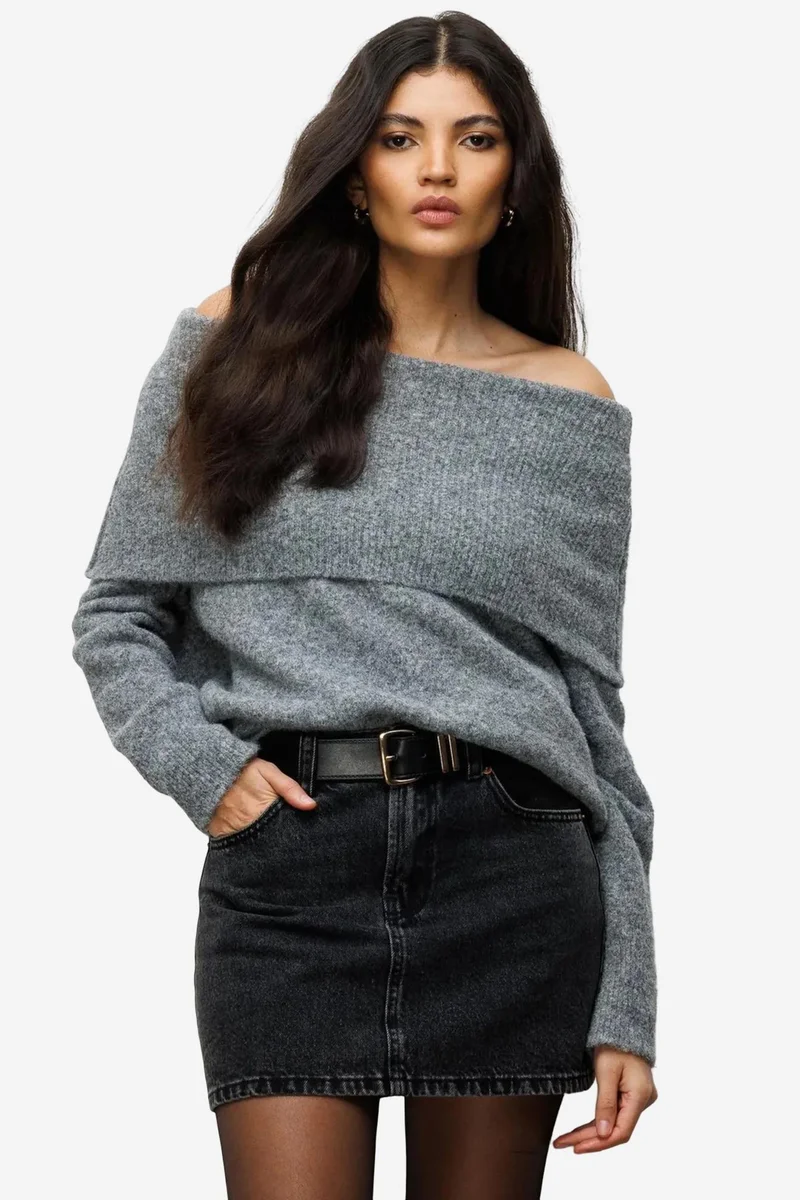 Mixray MIXRAY Oversized Ribbed Knitwear Blouse with Madonna Collar