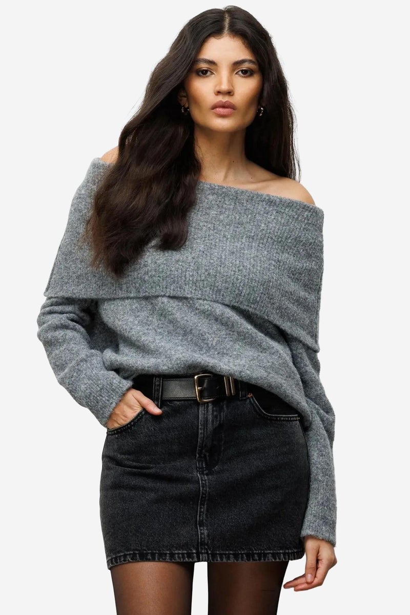MIXRAY Oversized Ribbed Knitwear Blouse with Madonna Collar - Image 1