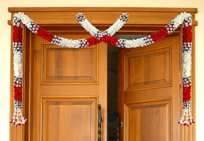 SURAKO COLLECTIONS Artificial Flower Garland Toran for Door Entrance Home Decoration Hanging 2 Pieces 5 Feet Red - Image 2