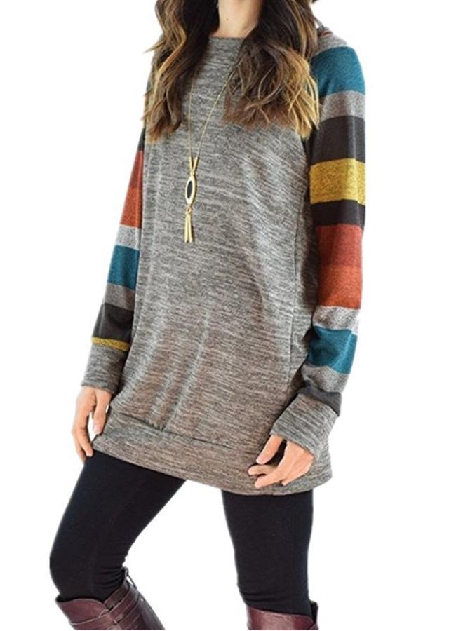 Spring And Autumn Large Size Women's Clothing Color-matching Raglan Long-sleeve Casual Sweater Striped Printed Round Neck T-shirt