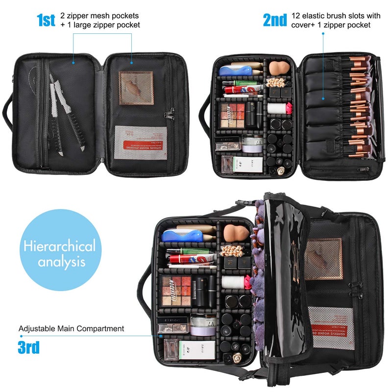 Relavel Makeup Bag Travel Makeup Train Case 13.8 inches Large Cosmetic Case Professional Portable Makeup Brush Holder Organizer and Storage with Adjustable Dividers and Shoulder Strap Black - Image 5