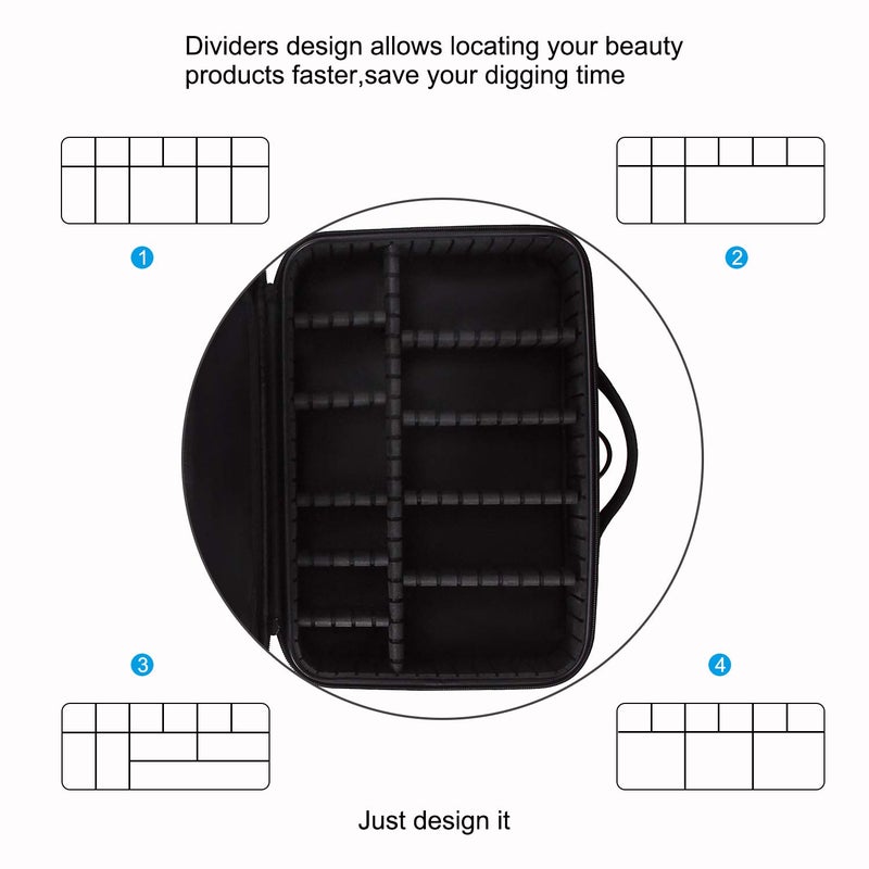Relavel Makeup Bag Travel Makeup Train Case 13.8 inches Large Cosmetic Case Professional Portable Makeup Brush Holder Organizer and Storage with Adjustable Dividers and Shoulder Strap Black - Image 4