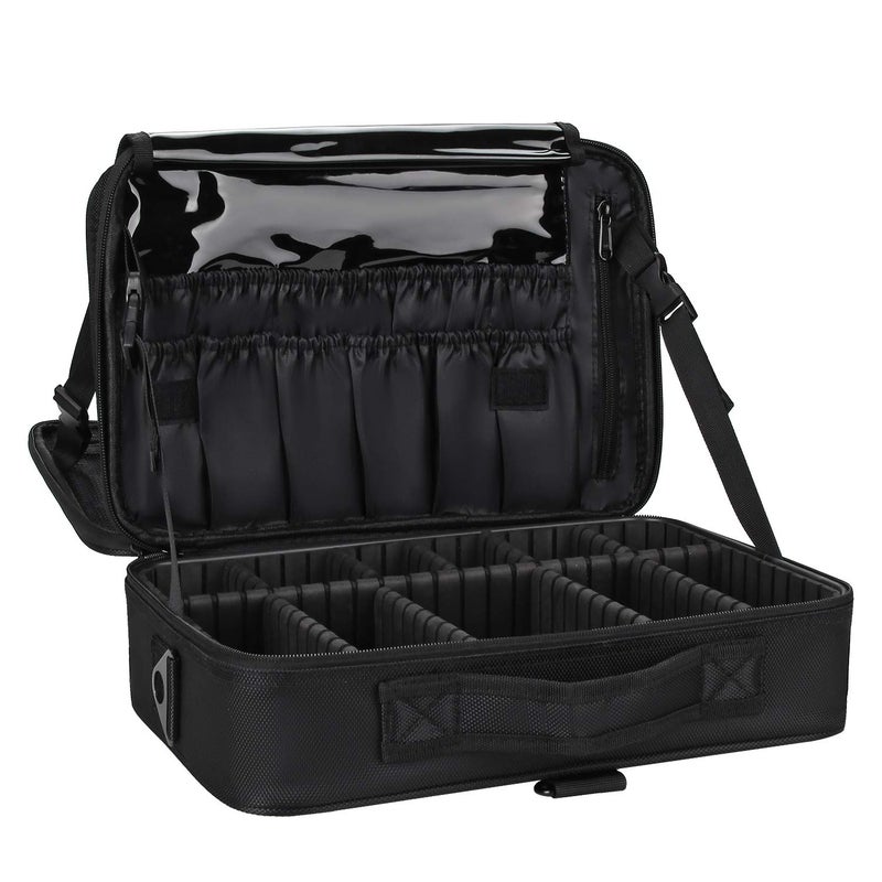 Relavel Makeup Bag Travel Makeup Train Case 13.8 inches Large Cosmetic Case Professional Portable Makeup Brush Holder Organizer and Storage with Adjustable Dividers and Shoulder Strap Black - Image 1