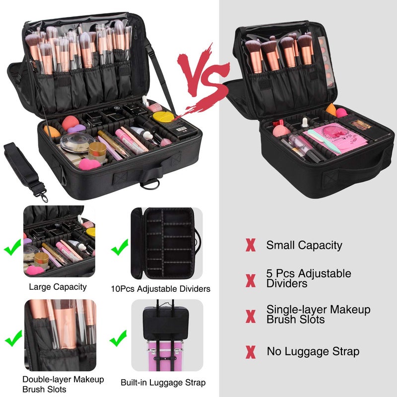 Relavel Makeup Bag Travel Makeup Train Case 13.8 inches Large Cosmetic Case Professional Portable Makeup Brush Holder Organizer and Storage with Adjustable Dividers and Shoulder Strap Black - Image 2
