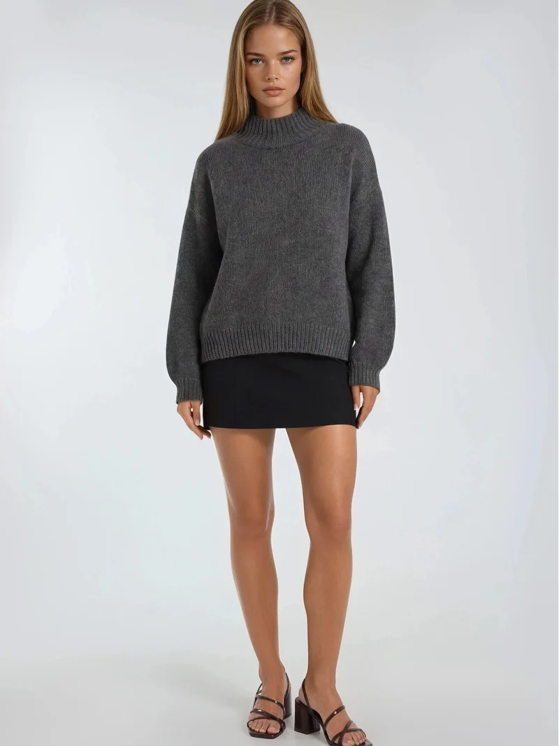 MixRay Dark Grey Mixray Relaxed Fit Crew Neck Thick Knit Sweater for Women | Best Price UAE