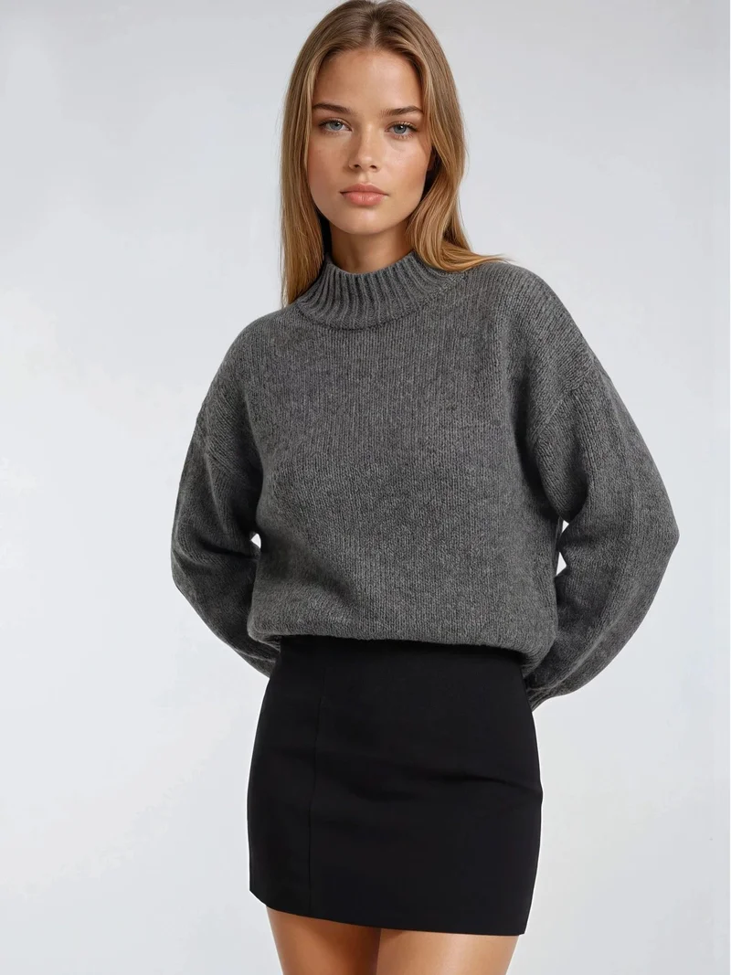 MixRay Dark Grey Mixray Relaxed Fit Crew Neck Thick Knit Sweater for Women | Best Price UAE