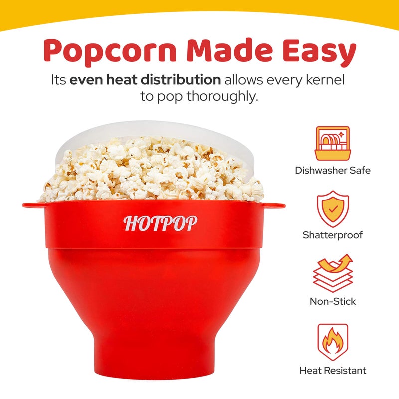 HOTPOP The Orginal HotPop Silicone Popcorn Maker - Microwave Popcorn Popper with Handles - Collapsible Bowl, Heat-Resistant, Easy to Clean, Ideal for Family Movie Nights, 15-Cup Capacity - Red - Image 4