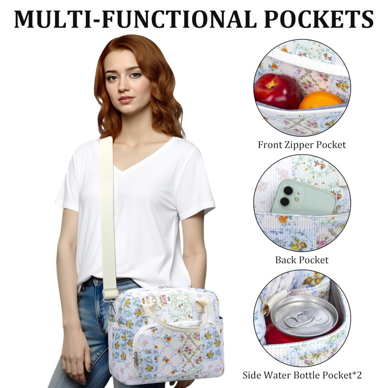 TESAFNG Lunch Box for Women Insulated Lunch Bag Cute Corduroy Lunch Tote Bags Lightweight Reusable Leakproof Cooler Bag with Adjustable Shoulder Strap for Work Office Travel Picnic (Bee Floral) - Image 4