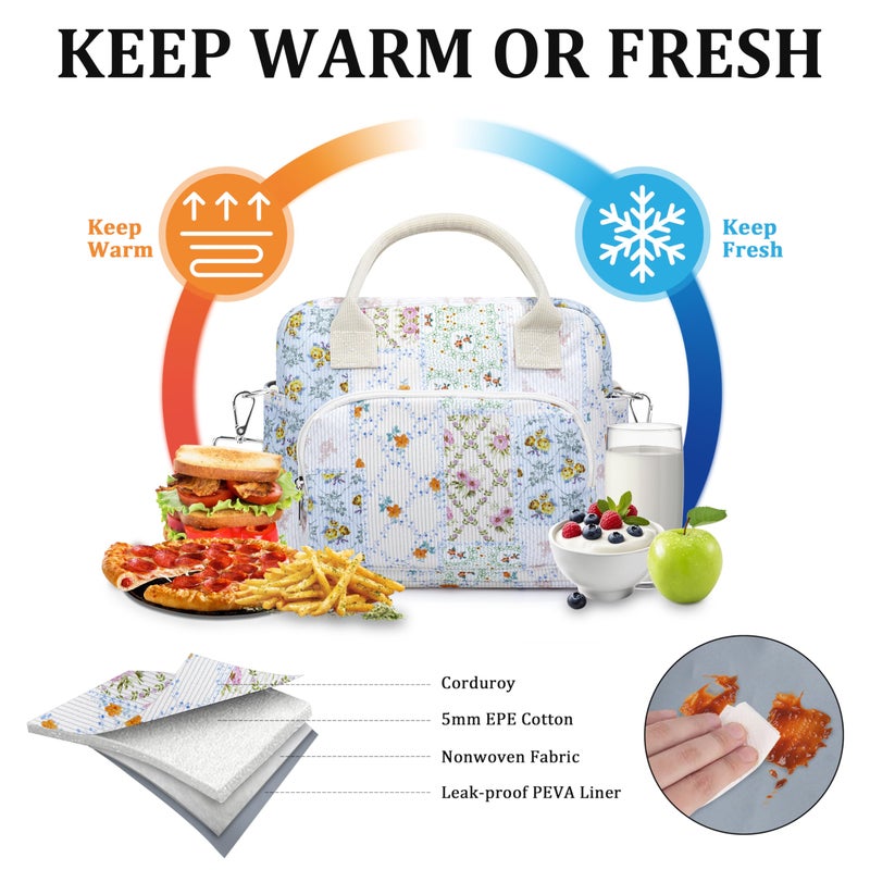 TESAFNG Lunch Box for Women Insulated Lunch Bag Cute Corduroy Lunch Tote Bags Lightweight Reusable Leakproof Cooler Bag with Adjustable Shoulder Strap for Work Office Travel Picnic (Bee Floral) - Image 3