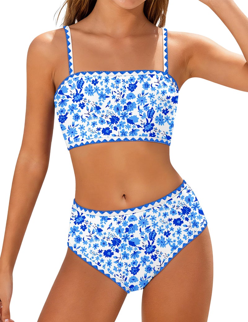 ADIFUN Girls Swimsuits Size 14-16 Adjustable Shoulder Straps with Chest Pad Bikini with Cover Up Skirt 3 Piece Swimwear Set Teen Bathing Suit Blue Flower - Image 1