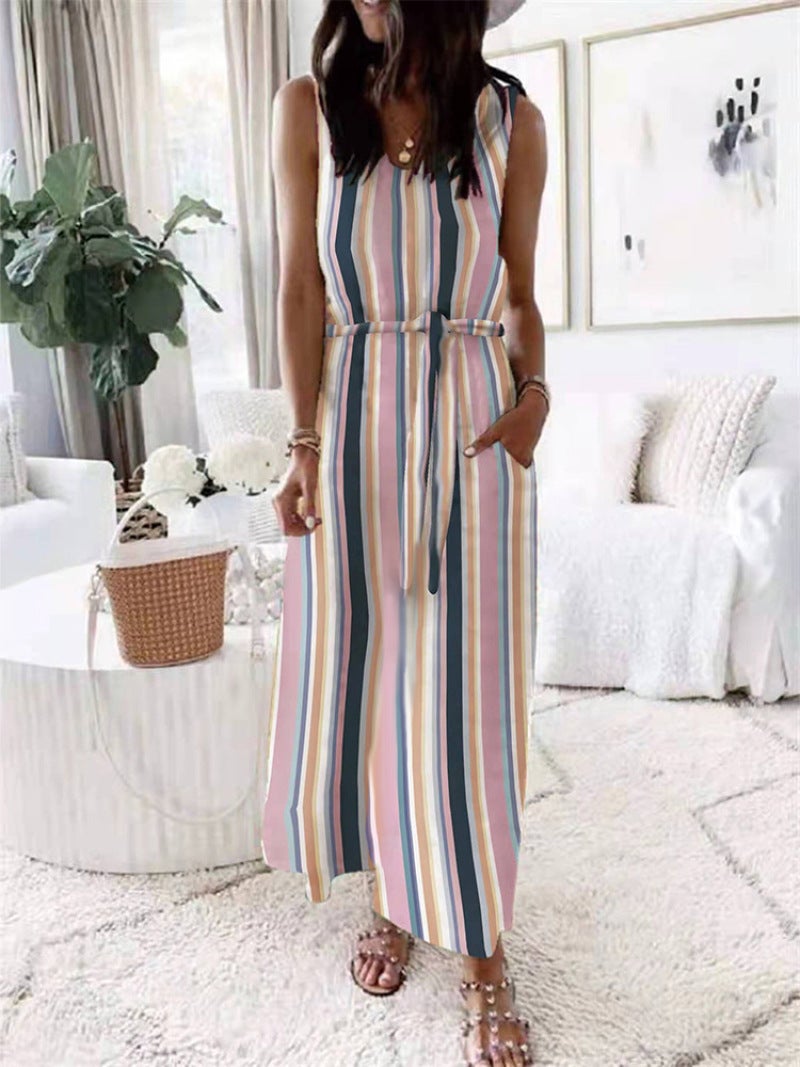 2022 European and American cross-border women's clothing foreign trade new loose printing vest belted dress women(upgrade) Navy blue(upgrade) M - Image 1
