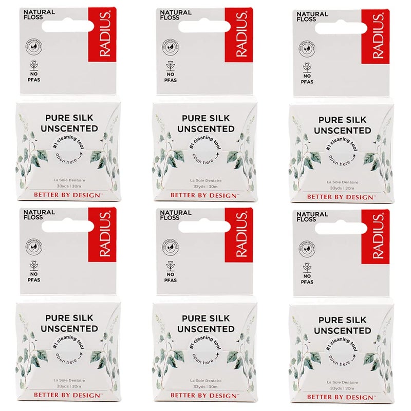 RADIUS Dental Floss Natural Floss Unscented Silk 33 Yards Compostable NonToxic Oral Care Designed to Help Fight Plaque Pack of 6
