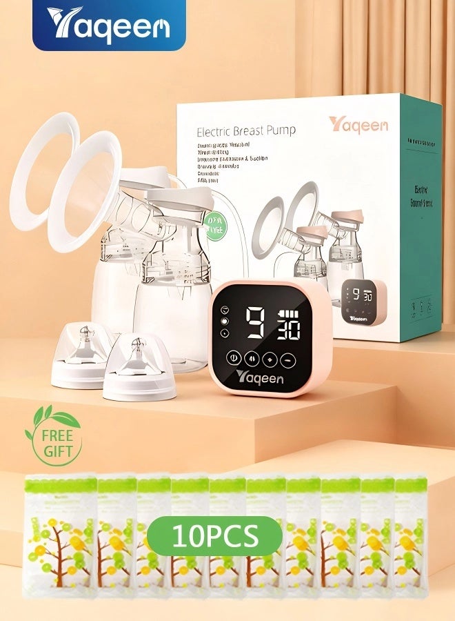Yaqeen Wearable, hands-free, electric, automatic double-sided breast pump. This intelligent breast pump device offers comfortable initiation of breastfeeding, painless pumping, and efficient milk production. Designed specifically for breastfeeding mothers, it combines bionic technology and ergonomics to enhance the breastfeeding experience. It features 4 core modes, 9 intensity levels, and includes 10 milk storage bags. - Image 1