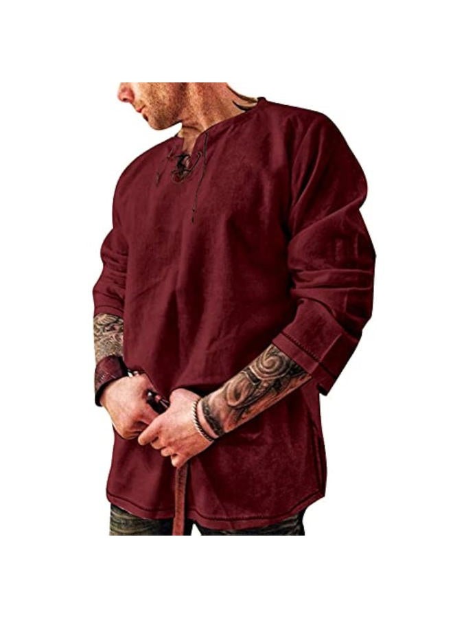 Men's Fashion Cotton Linen Shirt Long Sleeve Solid Color Ethnic Beach Top Medieval Shirts Solid Wine red M