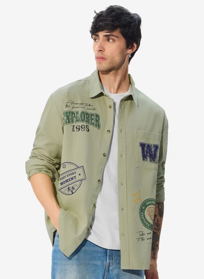 The Souled Store Men's Relaxed Fit Printed Green Shirt