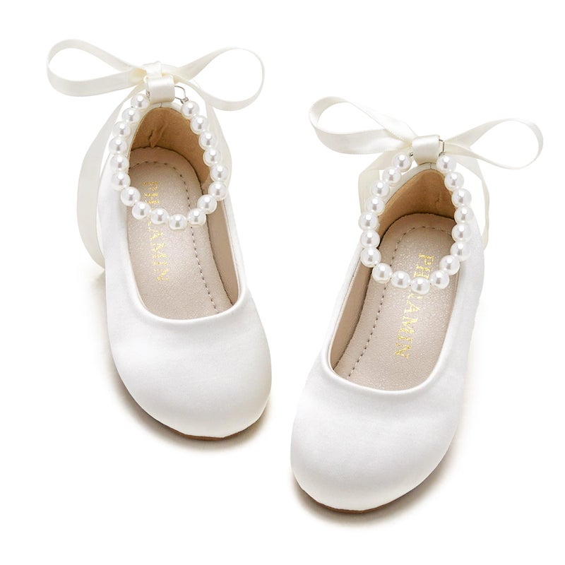 PHIRAMIN Toddler Flower Girl Satin Ivory White Dress Shoes - Little Girl Ballet Flats Size 6 Pearl Wedding Party - Image 1