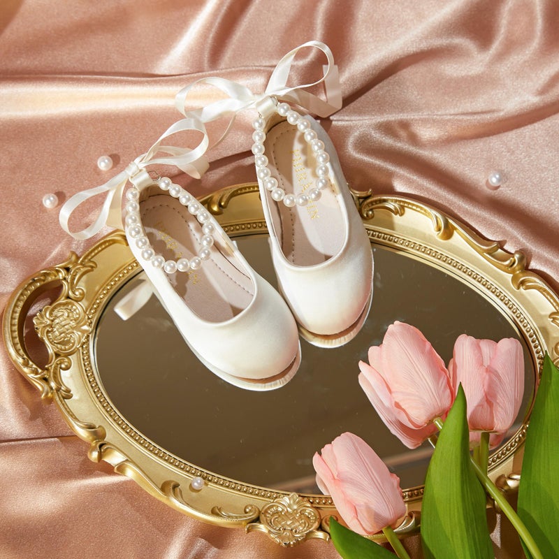 PHIRAMIN Toddler Flower Girl Satin Ivory White Dress Shoes - Little Girl Ballet Flats Size 6 Pearl Wedding Party - Image 3