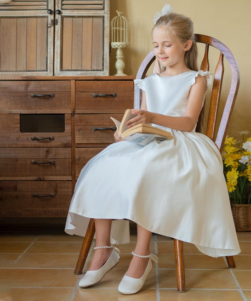 PHIRAMIN Toddler Flower Girl Satin Ivory White Dress Shoes - Little Girl Ballet Flats Size 6 Pearl Wedding Party - Image 2