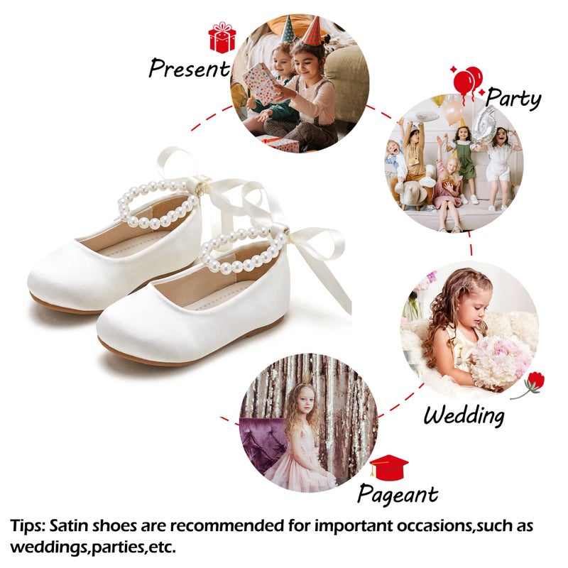 PHIRAMIN Toddler Flower Girl Satin Ivory White Dress Shoes - Little Girl Ballet Flats Size 6 Pearl Wedding Party - Image 4