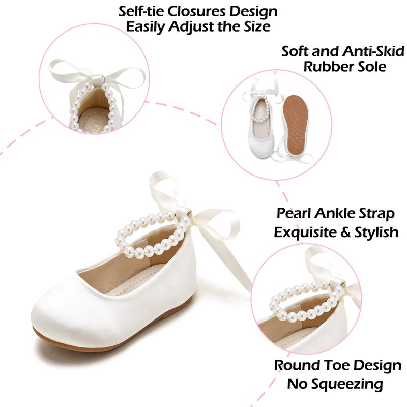 PHIRAMIN Toddler Flower Girl Satin Ivory White Dress Shoes - Little Girl Ballet Flats Size 6 Pearl Wedding Party - Image 5