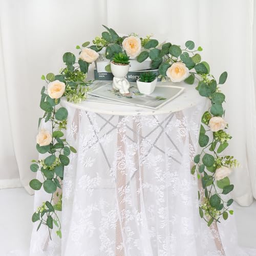TOCHGREEN 2 Pack 12Ft Artificial Eucalyptus Flower Garland with Champagne Roses, Fake Rose Flower Greenery Garland Floral Vines for Wedding Home Party Table Runner Decor (2PCS, Champagne) - Image 5