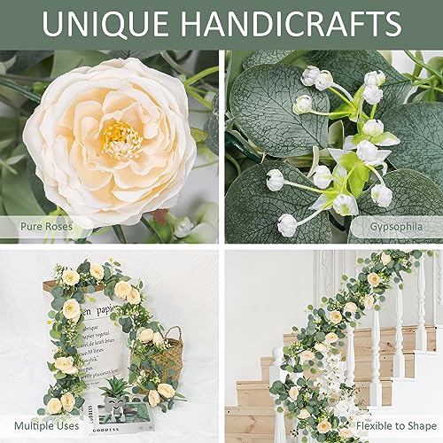 TOCHGREEN 2 Pack 12Ft Artificial Eucalyptus Flower Garland with Champagne Roses, Fake Rose Flower Greenery Garland Floral Vines for Wedding Home Party Table Runner Decor (2PCS, Champagne) - Image 4