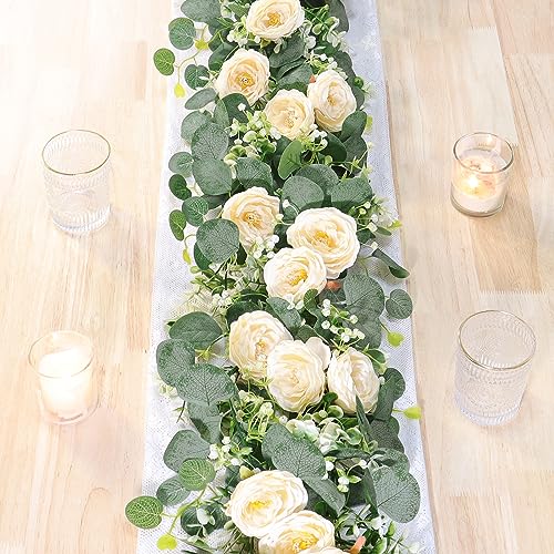TOCHGREEN 2 Pack 12Ft Artificial Eucalyptus Flower Garland with Champagne Roses, Fake Rose Flower Greenery Garland Floral Vines for Wedding Home Party Table Runner Decor (2PCS, Champagne) - Image 1