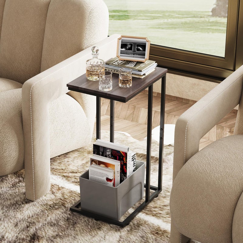 WLIVE Small Side Table, C Shaped End Table for Couch, Sofa and Bed, Tv Tray Table That Slides Under for Living Room, Bedroom, Bedside, Gray and Black - Image 2