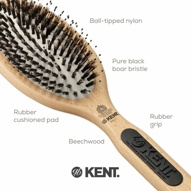 Kent PF01 Large Cushion Detangler Brush, Boar Bristle and Non-Scratch Nylon Mix Hairbrush for Straightening Smoothing. Oval Wood Paddle Detangling Hair Brush for Medium to Long Hair, Made in England - Image 5