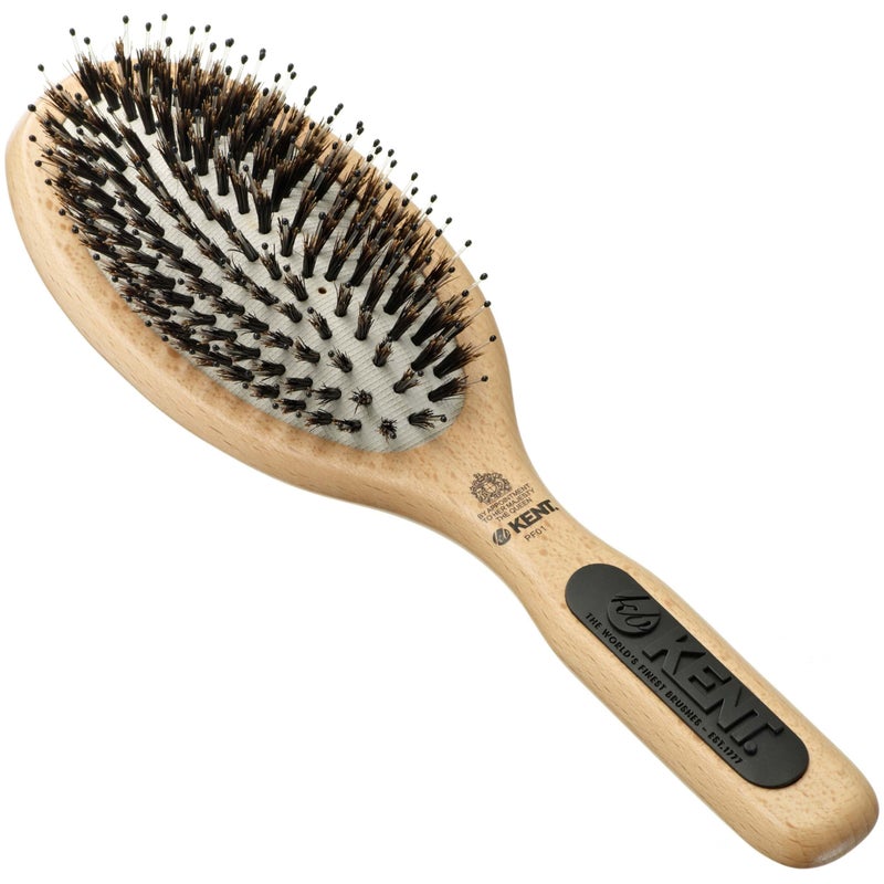 Kent PF01 Large Cushion Detangler Brush, Boar Bristle and Non-Scratch Nylon Mix Hairbrush for Straightening Smoothing. Oval Wood Paddle Detangling Hair Brush for Medium to Long Hair, Made in England - Image 1