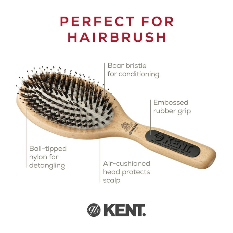 Kent PF01 Large Cushion Detangler Brush, Boar Bristle and Non-Scratch Nylon Mix Hairbrush for Straightening Smoothing. Oval Wood Paddle Detangling Hair Brush for Medium to Long Hair, Made in England - Image 4