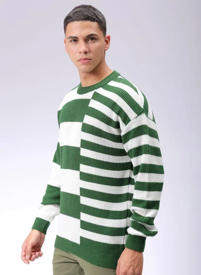 The Indian Garage Co Men Oversized Striped Crew Neck Sweater