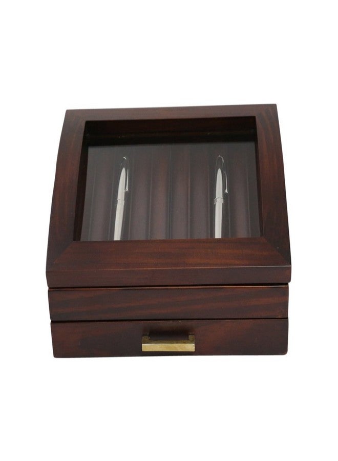 Bey-Berk Walnut Wood 19-Pen Display Box with Glass Top, Drawer, and Gold Accents - Desk Storage Organizer - Image 4