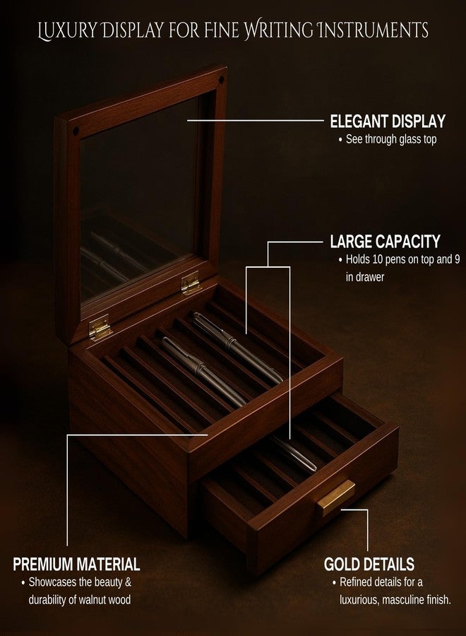 Bey-Berk Walnut Wood 19-Pen Display Box with Glass Top, Drawer, and Gold Accents - Desk Storage Organizer - Image 3