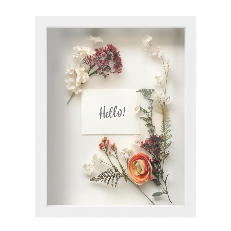 FrameWorks 11 x 14 White Wooden Shadow Box Frame  Display Case with Soft Felt Back Memory Box with Tempered Glass Display Box with Elegant White Ball Push Pins Wooden Flower Box