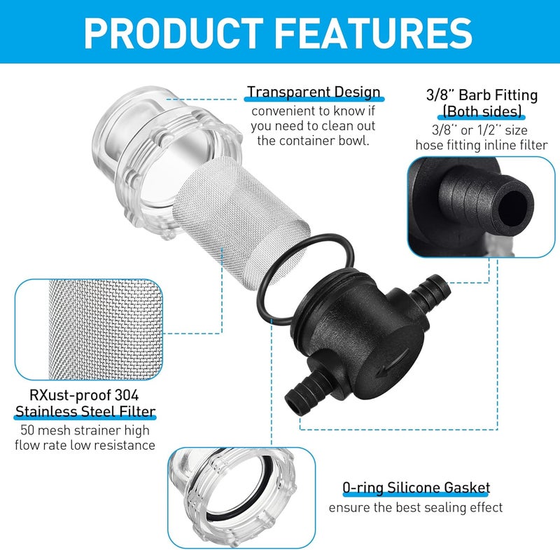 Dreyoo Water Pump Strainer, 3/8 Inch Hose Barb In-Line Strainer Twist-On Sprayer Filter for Water Pump 12V DC 80 PSI RV Camper Marine Boat Lawn - Image 3
