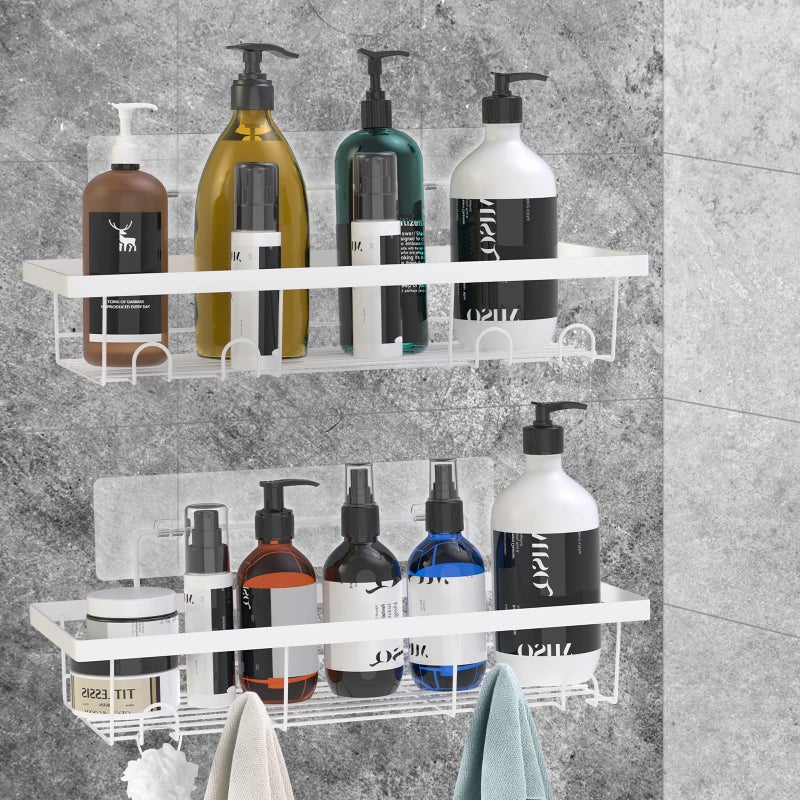 Durmmur 2 Pack Adhesive White Shower Caddy Organizer with Hooks Rustproof No Drilling Wall Mounted Storage Shelf Rack for Inside ShowerBathroomKitchen