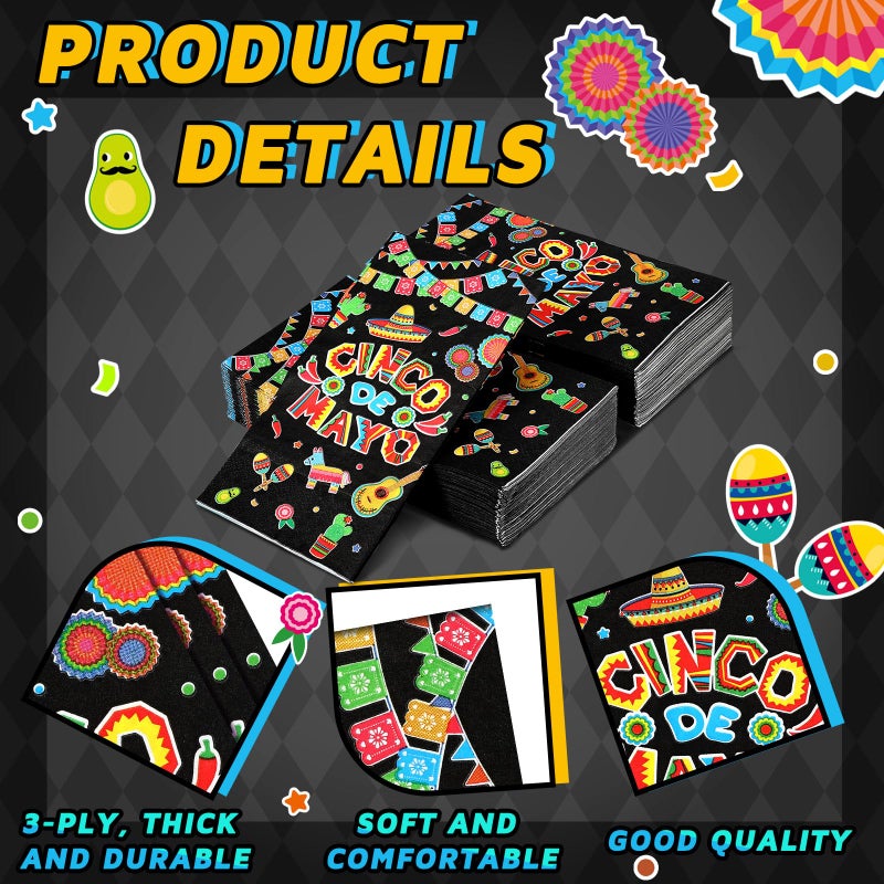 Jinei 100 Pcs Cinco De Mayo Napkins Decorative Fiesta Paper Napkins 3 Ply disposable Bathroom Hand Towel for Guest Home Dinner Kitchen Bathroom Fiesta Party Supplies - Image 3