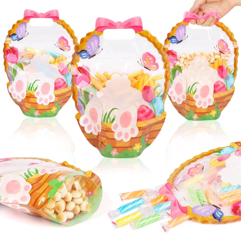 CCINEE 60 Packs Easter Treat Bags Bulk, Easter Gifts Bags with Handle Sealing Bunny Goodie Cellophane Ziplock Bag Bulk for Classroom School Party Favors Gift Exchange - Image 1