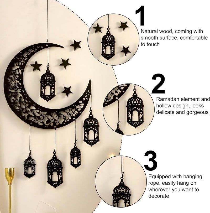 Artilady Ramadan Decorations 6Pcs Eid Decorations Wooden Eid Mubarak Pendant Novelty Black Hollow Moon Lanterns Hanging Ornaments Set for Islamic Muslim Wall DIY Home Decor Ramadan Gifts - Image 4